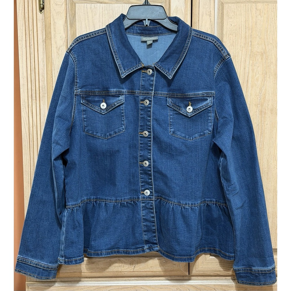 Style & Co. Peplum Denim Jacket Women's XXL Blue Button Front Flared Hem Casual